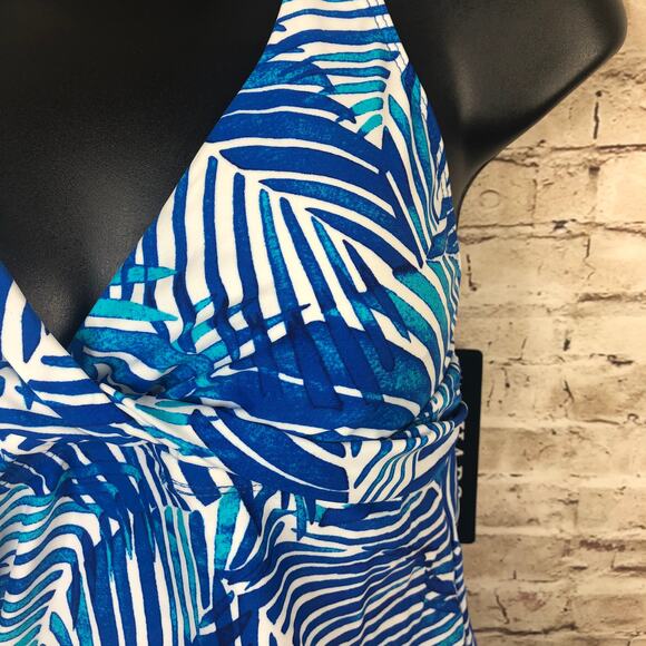 NEW CHAPS Womens 6 Tropical Leaf Print Tankini Swim Top Marina Blue - Picture 2 of 8